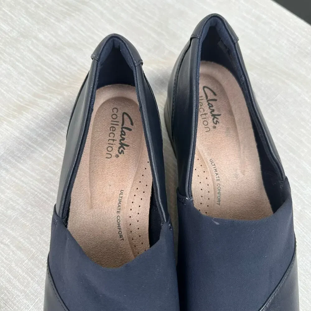 Clarks Women Navy Leather Juliet Gem Comfort Loafers Slip On Shoes 8M